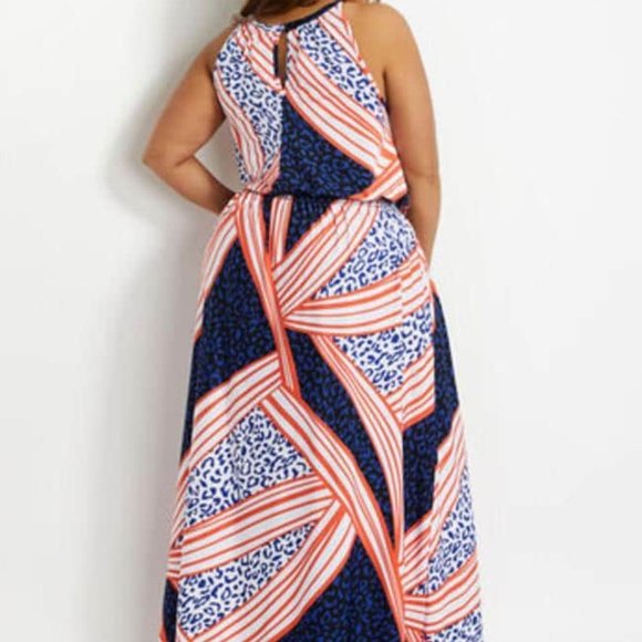 Red, White and Navy Maxi, Waist Sling Sleeveless Print Dress in Plus Size - Picture 2 of 3